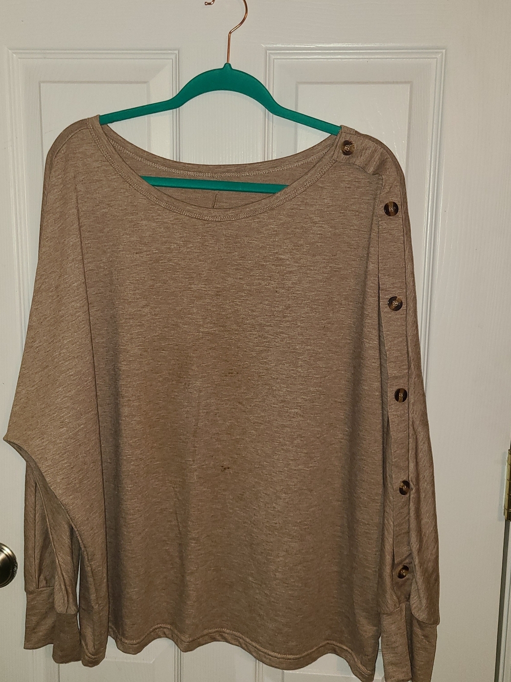 Relaxed Button-Shoulder Long Sleeve Top in Tan - Picture 2 of 9